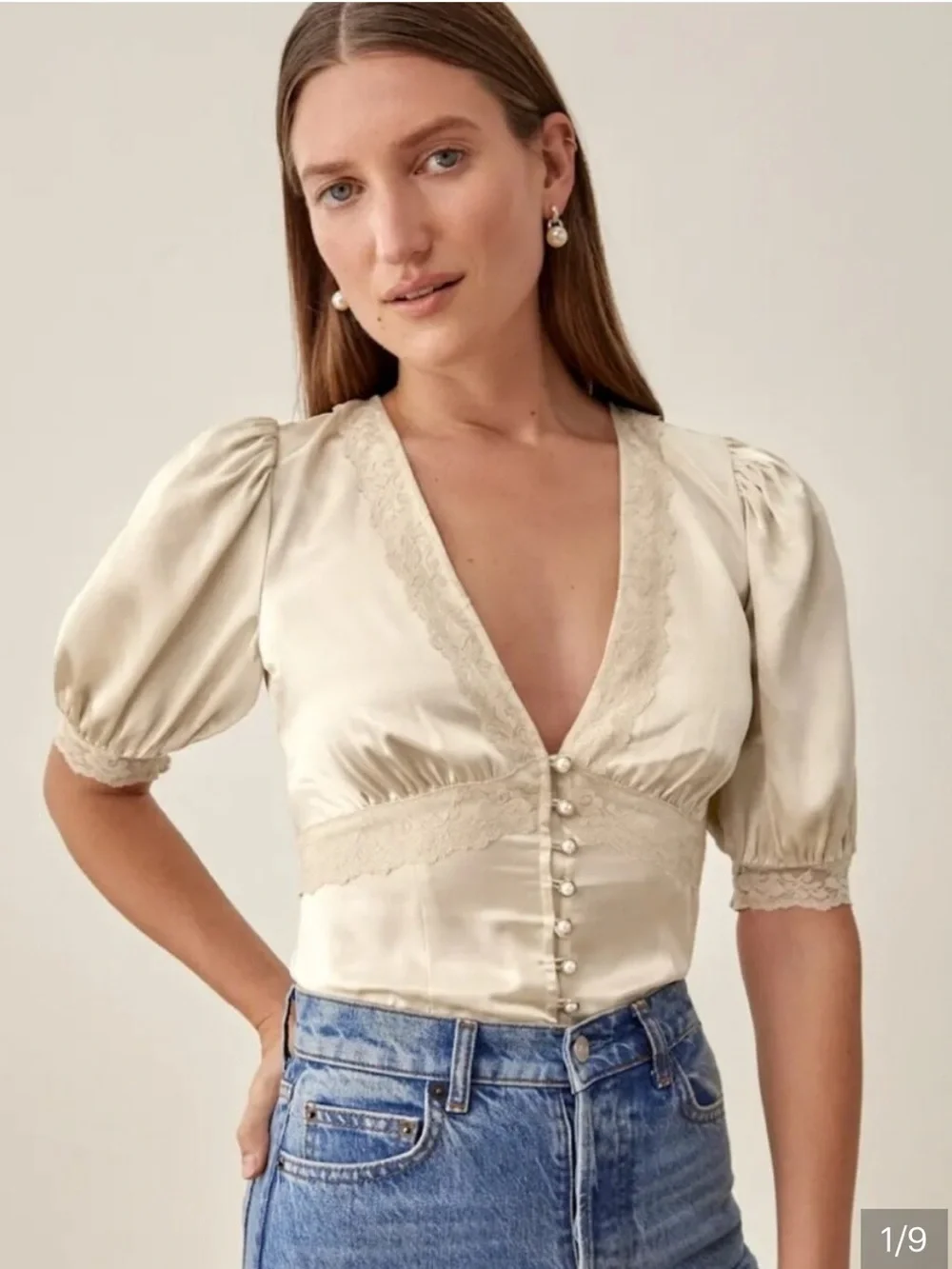 Reformation Satin V-Neck Blouse in Almond Cream - Picture 1 of 7